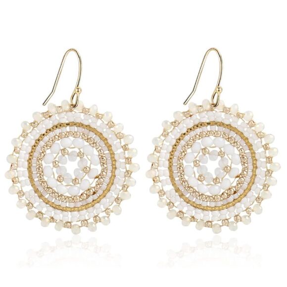 White and Gold Beaded Crystal Round Disc Boho Statement Dangling Hook Earrings - Picture 1 of 6